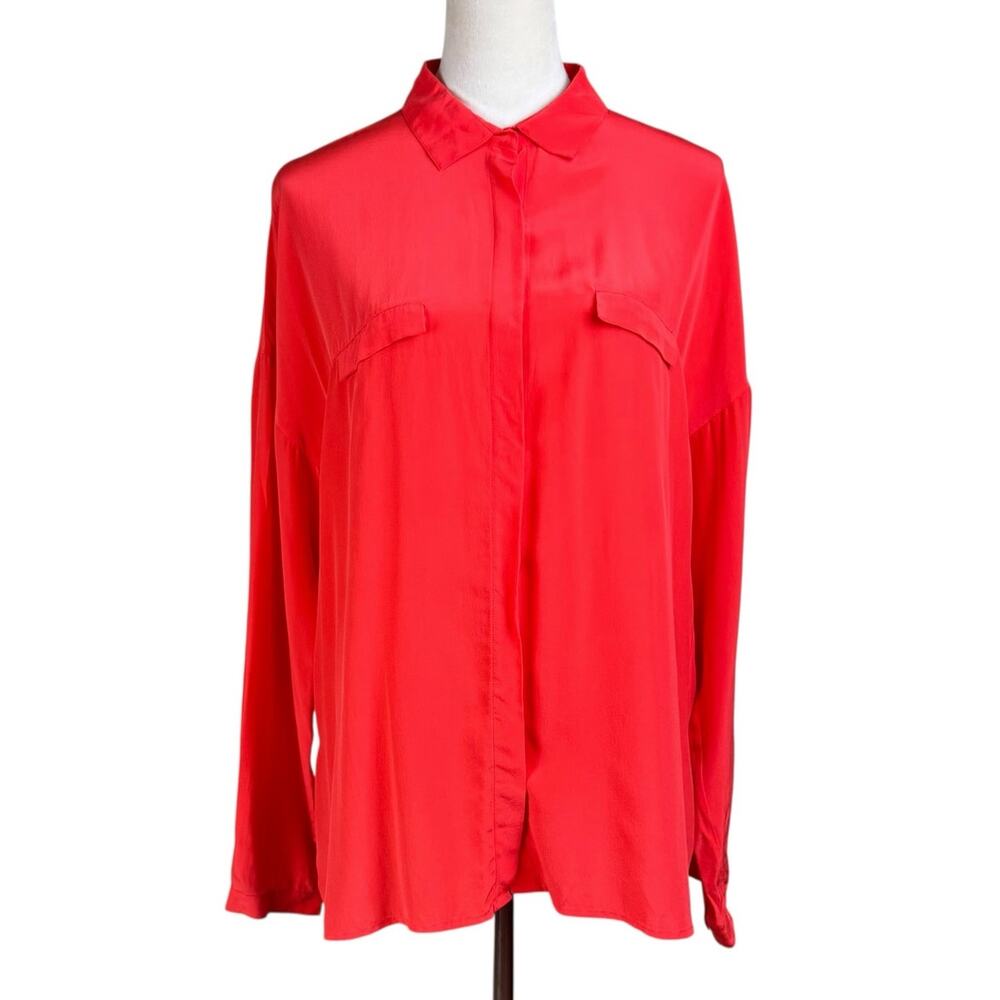 Robert Rodriguez 100% Silk Orange Long Sleeve Button Up Collared Blouse Top